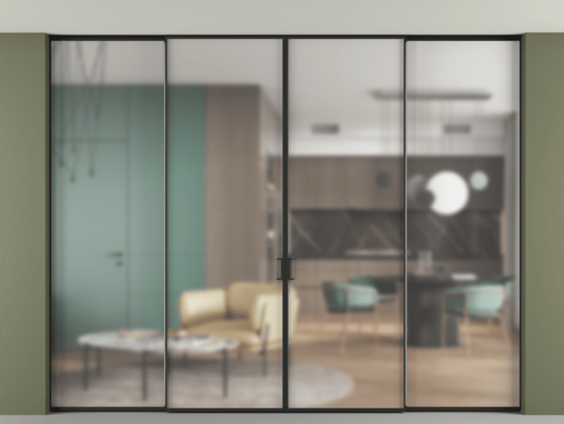 Перегородка Formato внутри проёма скрытое крепление в потолок 4 створки АЛПР 040.01 Алюминий Черный Сатинированное стекло "Matelux Crystal Vision", калёное, матовое, каленое 6 мм Цена 516420 ₽ | Volhovec