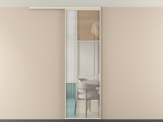 Алюминевая перегородка vdp1_5 Алюминий бежево-серый Четыре стекла. Цвет Алюминий бежево-серый. Материал Алюминий в эмали. Коллекция Перегородка Mosaic вдоль стены на потолок 1 створка. Картинка.