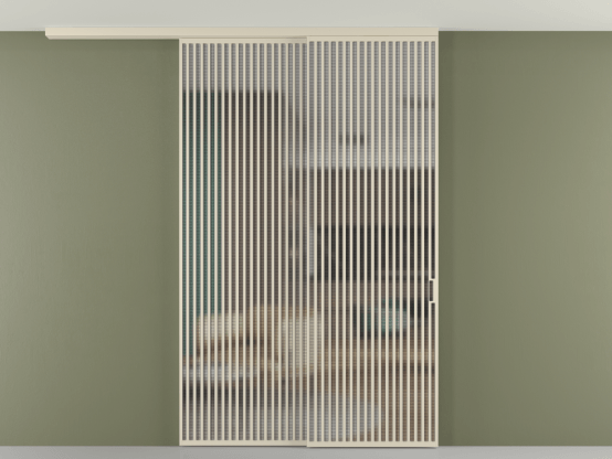 Алюминевая перегородка pv2_2_06_ Алюминий бежево-серый Mesh silver. Цвет Алюминий бежево-серый. Материал Алюминий в эмали. Коллекция Перегородка Formato вдоль стены на потолок 2 створки с синхронным механизмом. Картинка.