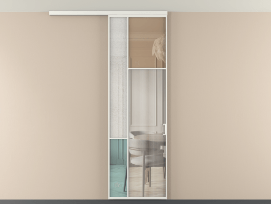 Алюминевая перегородка vdp1_5 Алюминий светло-серый Четыре стекла. Цвет Алюминий светло-серый. Материал Алюминий в эмали. Коллекция Перегородка Mosaic вдоль стены на потолок 1 створка. Картинка.