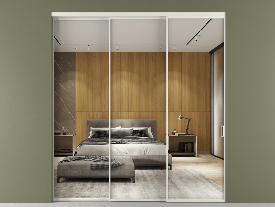 Алюминевая перегородка vn3_01 Зеркало триплекс БЕЛ. Цвет Алюминий Белый. Материал Алюминий. Коллекция Перегородка Формато внутри проёма 3 створки с синхронным механизмом. Картинка.