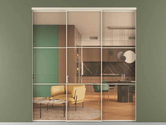 Алюминевая перегородка vn1+2_03_ Алюминий бежево-серый Прозрачное оранжевое стекло, триплекс, 6мм. Цвет Алюминий бежево-серый. Материал Алюминий в эмали. Коллекция Перегородка Formato внутри проёма 3 створки. Картинка.