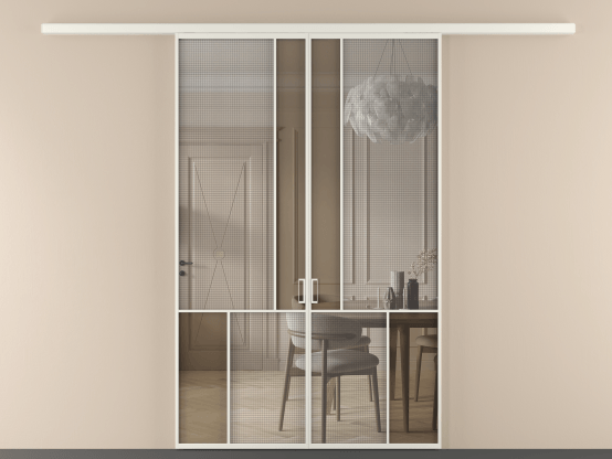 Алюминевая перегородка vd2_1 БЕЛ. Цвет Алюминий Белый. Материал Алюминий. Коллекция Перегородка Mosaic вдоль стены 2 створки. Картинка.